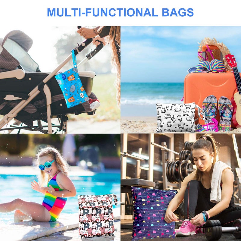 FLOCK THREE 4pcs Waterproof and Reusable Wet Bag Diaper Stroller Water Resistant Swimsuit Travel Toiletries Yoga Gym Washable Carrier Small Medium Large Cat 4 Pack - Image 4